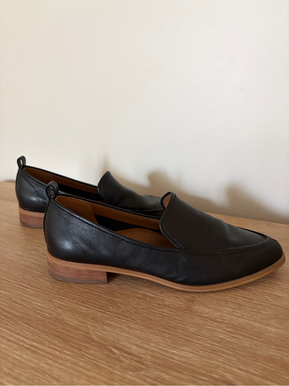 Susina Black Leather Slip-On Loafers with Tan Wood Heel Genuine Leather